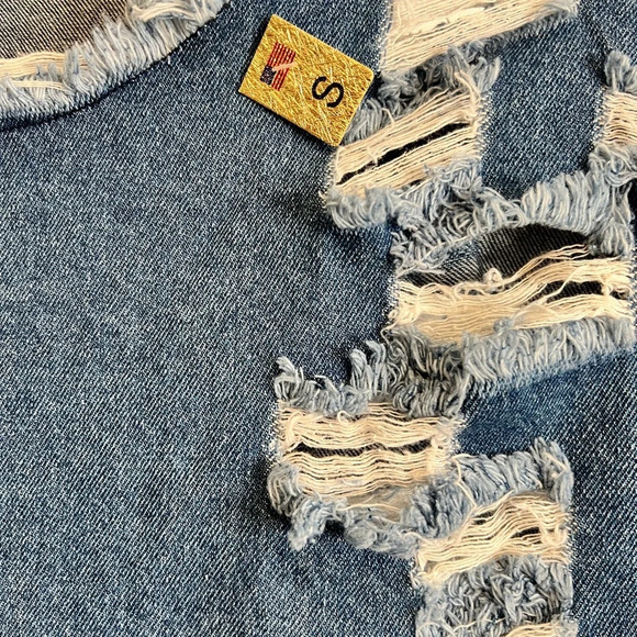 Vibrant MIU Distressed Denim 3/4 Sleeve High Low Dress.‎ Size Small. NWT. - Picture 6 of 12